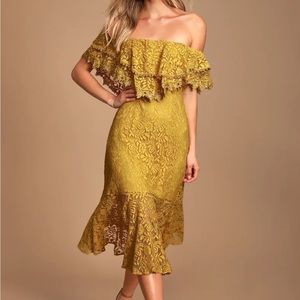 Lulu’s Jaclyn Golden Yellow Lace Off-the-Shoulder Midi Dress